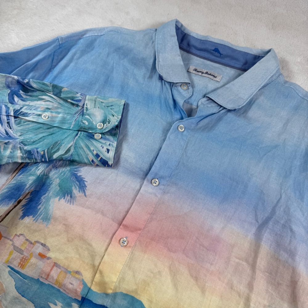 Tommy Bahama Mens 3XL Linen Coastal‎ Sunset Beach Scene Button Down Shirt Blue